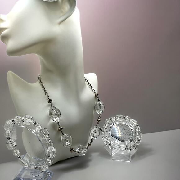 Clear Beaded Crystal Silver-Tone Spacers Necklace & 2 Bracelets Set! - Picture 1 of 13